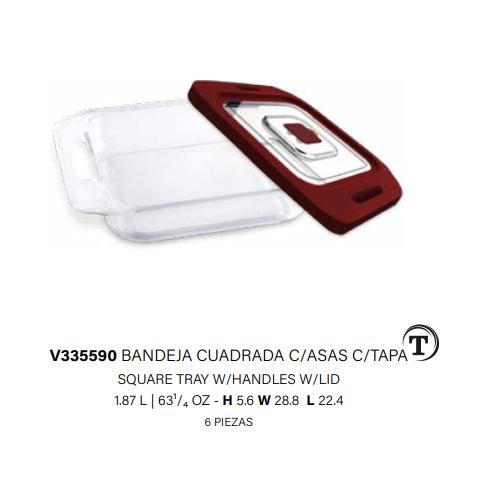 BANDEJA CUADRADA ASAS ERGONÓMICAS 1.87L C/TAPA PLASTICA V335590