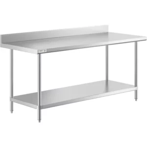 MESA DE TRABAJO 30PG x 72PG (76 X 182 CM) CON RESPALDO CUBIERTA DE ACERO INOXIDABLE 304 Y ENTREPANO EN ACERO INOX 430 REGENCY