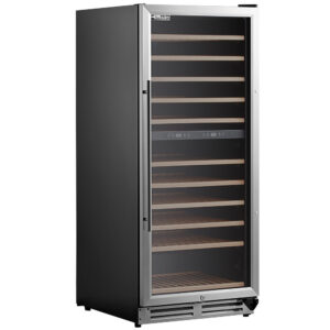 REFRIGERADOR PARA 128 BOTELLAS DE VINO 11.3 PIES CUBICOS MARCA AVA VALLEY MODELO WRC-128-DE DOBLE TEMPERATURA PUERTA DE CRISTAL