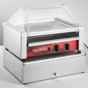 ASADOR DE SALCHICHAS 9 RODILLOS HOT DOG ROLLER 24 DOGOS CON DOMO DE ACRILICO ANTIESTORNUDOS Y GABINETE DE CAPACIDAD HASTA 64 PANES 120V, 750W CARNIVAL KING