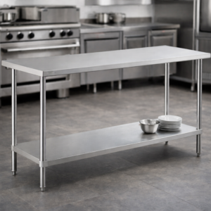 MESA DE TRABAJO 24PG x 72PG (76 X 182 CM) CUBIERTA DE ACERO INOXIDABLE 304 CAL 16 Y ENTREPANO EN ACERO INOXIDABLE 430