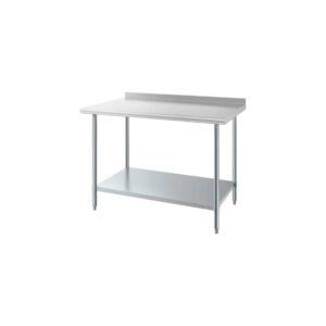 MESA DE TRABAJO 30 x 48 PG (76 X 122 CM) CON RESPALDO DE 2 PG CUBIERTA DE ACERO INOXIDABLE 430 CAL.18 Y ENTREPANO EN LAMINA GALVANIZADA REGENCY
