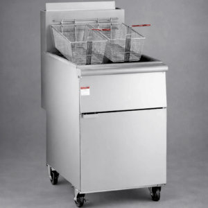 FREIDORA DOBLE A GAS LP 50LTS FF518 ACERO INOX, TERMOSTATO 200-400 F, 150.000 BTU, 2 CESTAS CON ASAS RECUBIERTAS