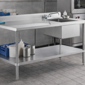 MESA DE TRABAJO CON FREGADERO UNA TARJA 30 x 60 PG CUBIERTA EN ACERO INOXIDABLE 304 Y ENTREPANO EN 430, TARJA A LA DERECHA INCLUYE LLAVE MEZCLADORA REGENCY
