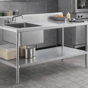 MESA DE TRABAJO CON FREGADERO UNA TARJA 30 x 48 PG ACERO INOXIDABLE EN CALIBRE 16 CON PATAS EN ACERO INOXIDABLE SIN ENTREPANO