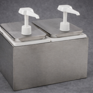 DISPENSADOR DE CONDIMENTOS DOBLE 2.36 LITROS C/U MEDIDAS: LARGO 7 3/4PG, ANCHO 9 3/4 PG Y ALTO 10 3/4 PG (CATSUP, MOSTAZA, MAYONESA)