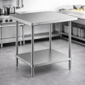 MESA DE TRABAJO 24PG x 36PG (60 X 91 CM) SIN RESPALDO CUBIERTA DE ACERO INOXIDABLE 304 CALIBRE 16 Y ENTREPANO EN ACERO INOXIDABLE 430 CALIBRE 18 REGENCY