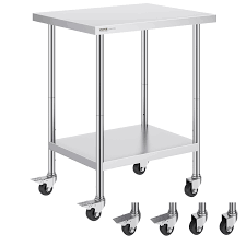 MESA DE TRABAJO CON RUEDAS 24PG x 24PG (60 X 60 CM) CUBIERTA DE ACERO INOXIDABLE 304 CAL 18 Y ENTREPANO ACERO GALVANIZADO REGENCY