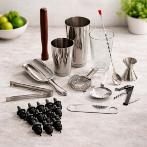 JUEGO DE UTENSILIOS PARA BAR 13 PIEZAS, 1 sacacorchos , 12 dosificadores de flujo libre, 1 abre sodas, 1 vaso mezclador 16 oz, 1 Pinza para hielo de 6 pg